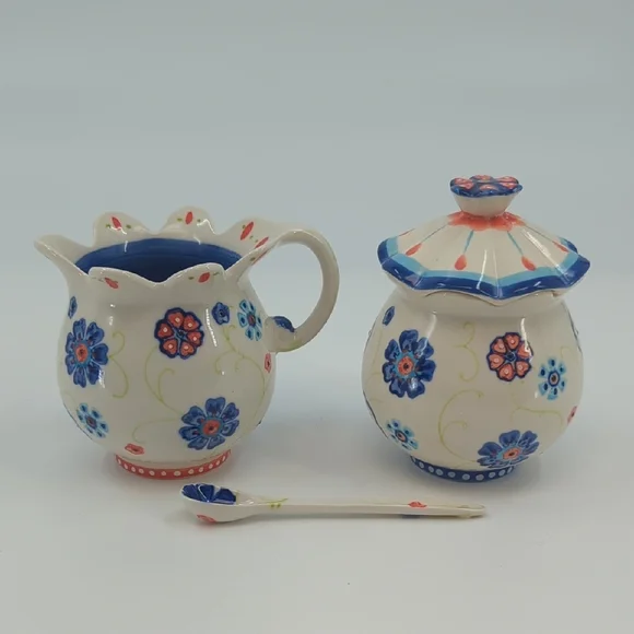 Anthropologie Covered Sugar, Sugar Spoon, and Creamer Set - Picture 4 of 8